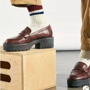 Free People Decker Penny Loafer Dark Red Brown Leather Lug Sole EU 38 US 8
